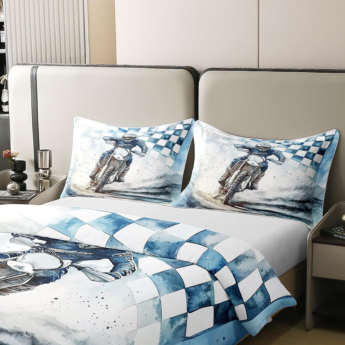 Feelyou Dirt Bike 100% Cotton Duvet Cover Kids Boys Girls Full Size Motorcycle Racer Bedding Set Teen Ultra Soft Extreme Sports Comforter Cover Racing Motocross Rider Bedspread Cover (No Comforter)