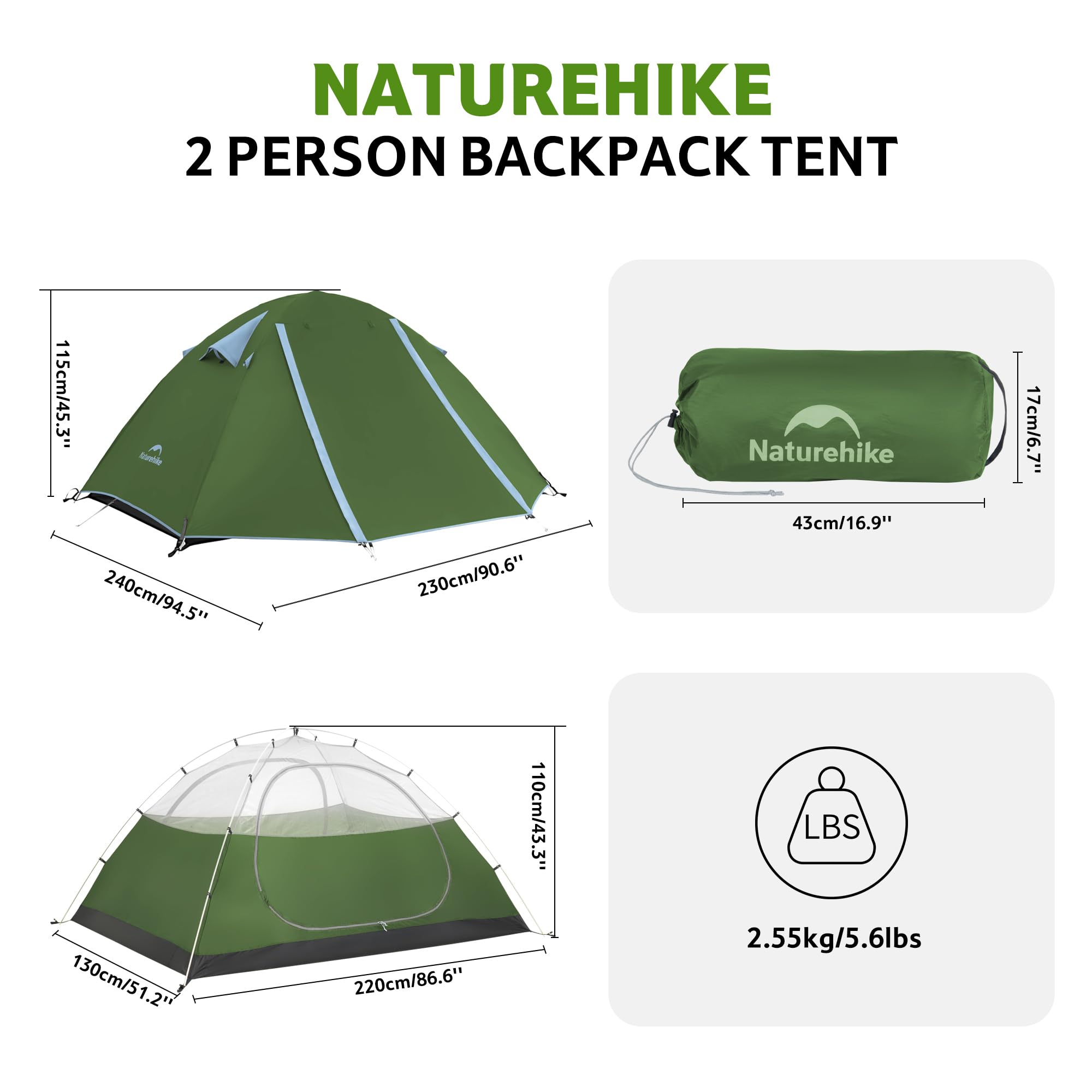 Naturehike Bleik Ultraleichtes Kuppelzelt 2-3 Personen zelte mit 2 Zeltvorräume für Camping, Trekking & Fahrradtouren