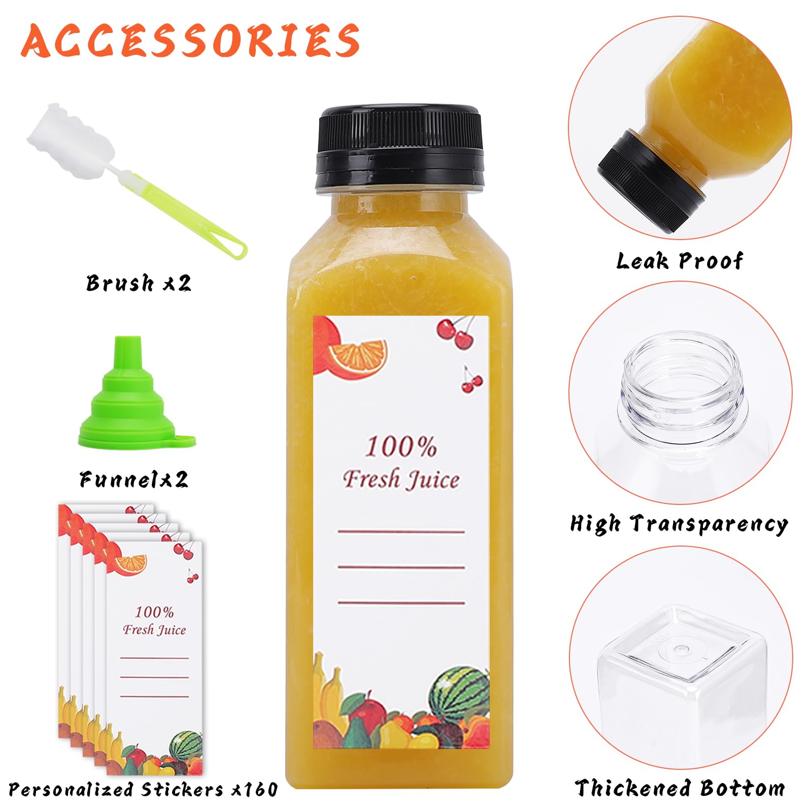 Botellas de plástico para jugo, 150 botellas de agua vacías de plástico de 12 onzas con tapas, reutilizables, transparentes, recipientes para bebidas, jugos, batidos, agua con 2 cepillos, 2 embudos