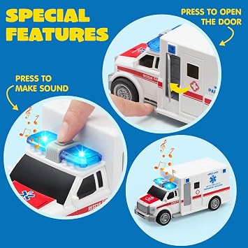 JOYIN 4 Packs Emergency Vehicle Toy Playsets, Friction Powered Vehicles with Light and Sound, Including Fire Truck, Ambulance, Play Police Car and Helicopter, Toddler Kids Boys Gifts