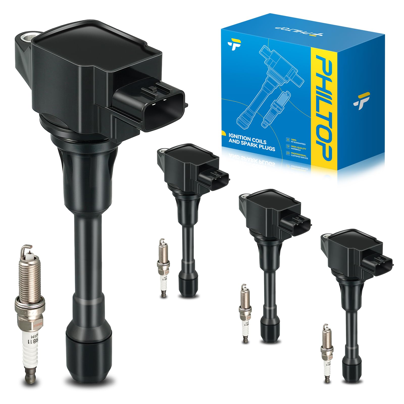 PHILTOP UF549 Ignition Coil Pack and Spark Plugs Kit Fits for Nissan 2007-2013 Altima 2.5L, 2013-2016 Sentra, 2008-2013 Rogue, 2017-2019 Sentra 1.8L, 2011-2012 Sentra, 2009-2011 Versa, 4PCS