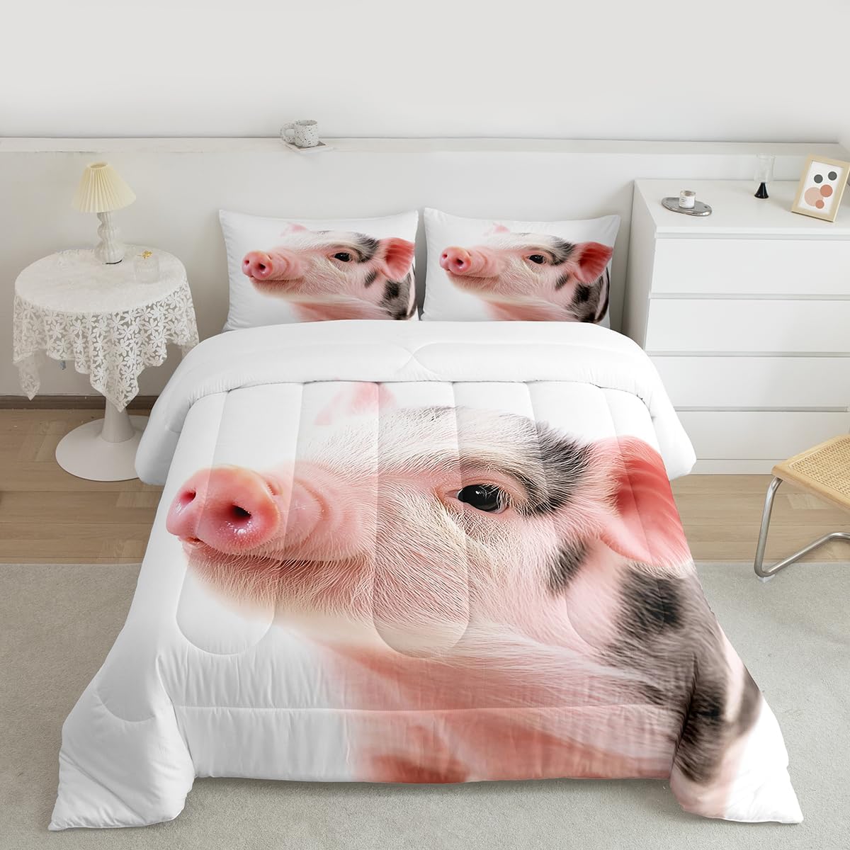 Erosebridal Pig Comforter Set Queen Size, Cute Pig Down Comforter,Animal Theme Quilted Duvet, Farm Animal Warm Ultra Lightweight Duvet Set, with 2 Pillow Cases for Kids Boys Girls Teens