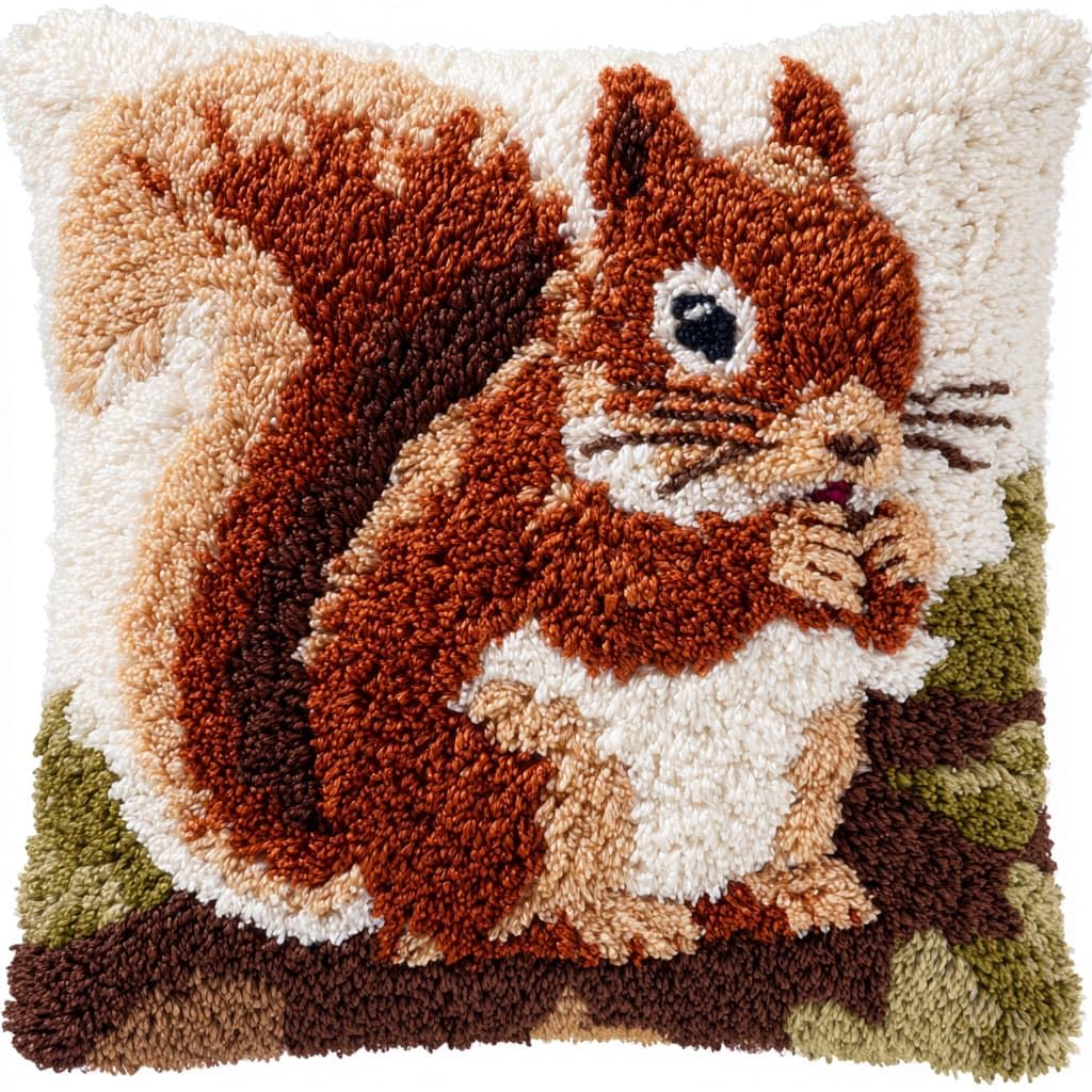Taxpy DIY Latch Hook Rug Kits, Animal Squirrel Latch Hook Cushion Kits Pillowcase Rug Crochet Needlework DIY Needlework Pillow Cover Sofa Cushion 43x43cm