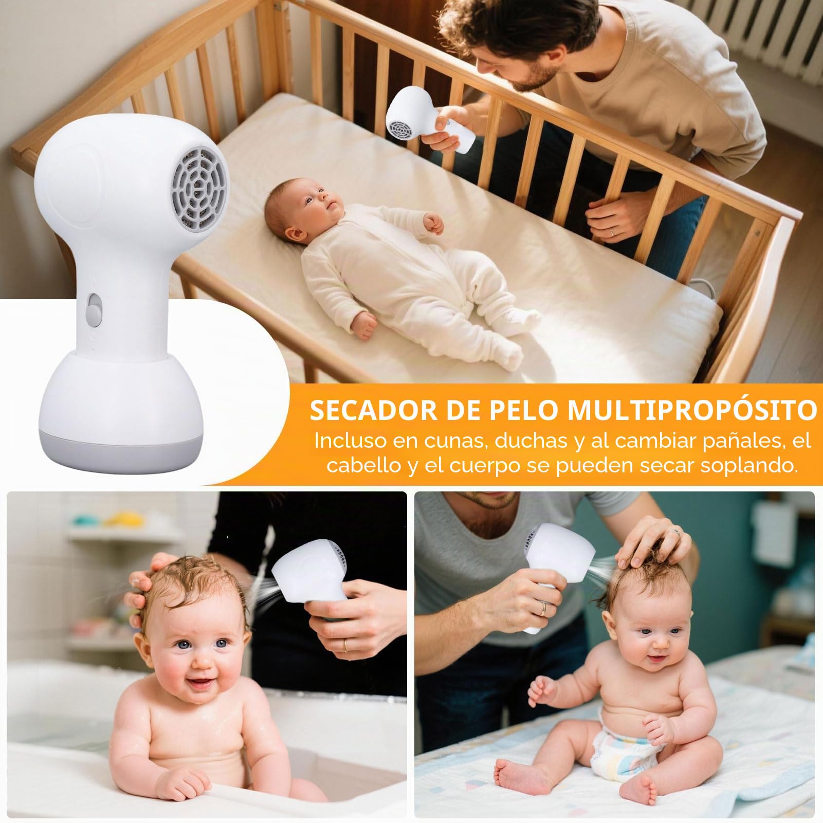 Secador de pelo de bebé inalámbrico, 2 velocidades de bajo ruido recargable secadora de cuerpo completo secador de pelo de viaje suave para el pañal del cabello y el cuerpo (Blanco + gris)