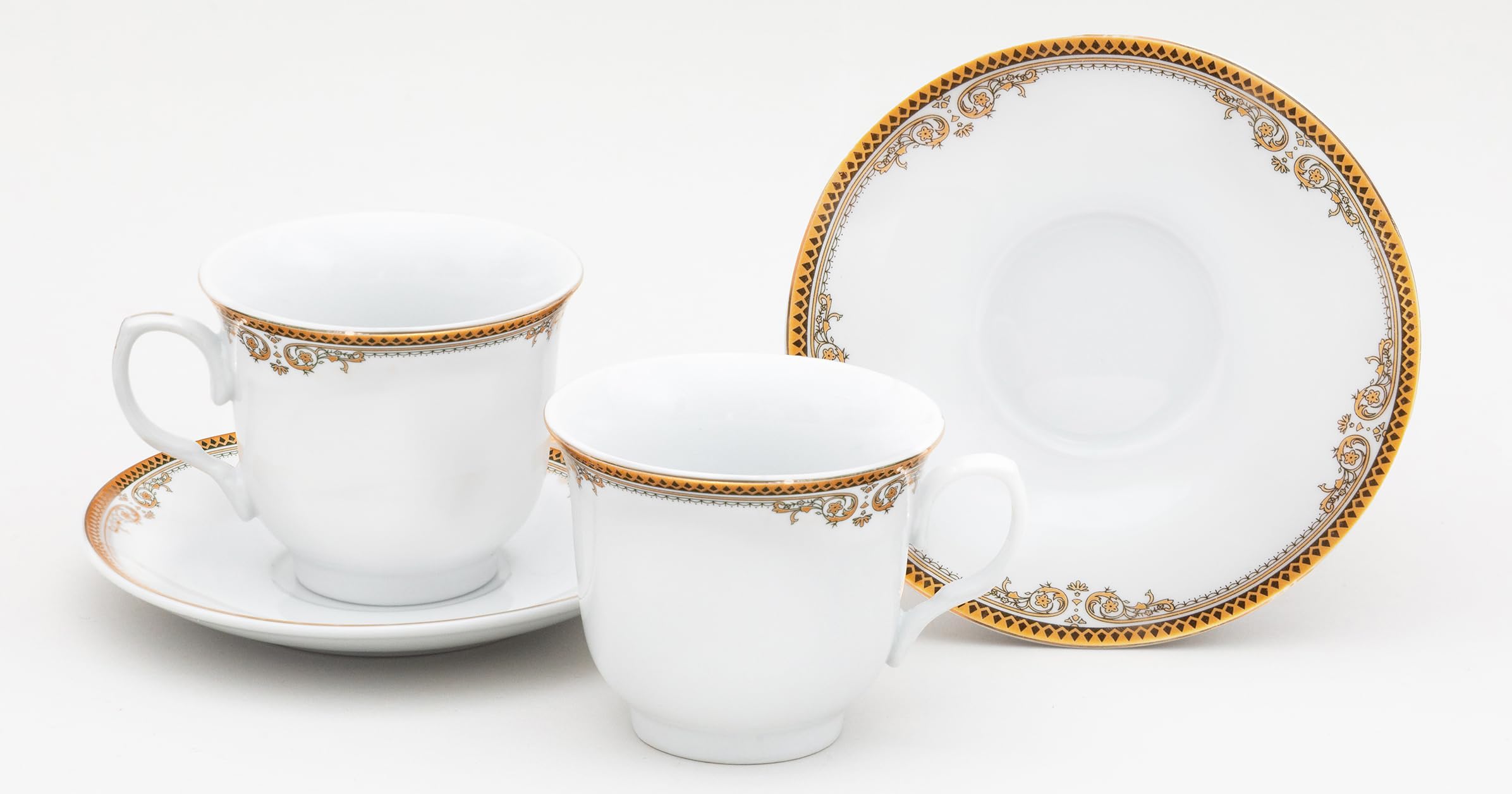 Porcelain Tea Cups and Saucers - 4 Pieces, Vintage Set - White with Gold Floral Edge Design - 5.5 Inch Saucers, 6.5 oz Cups - Perfect for Tea Parties or Every Day Use (Floral Gold 3004, 4 Piece)