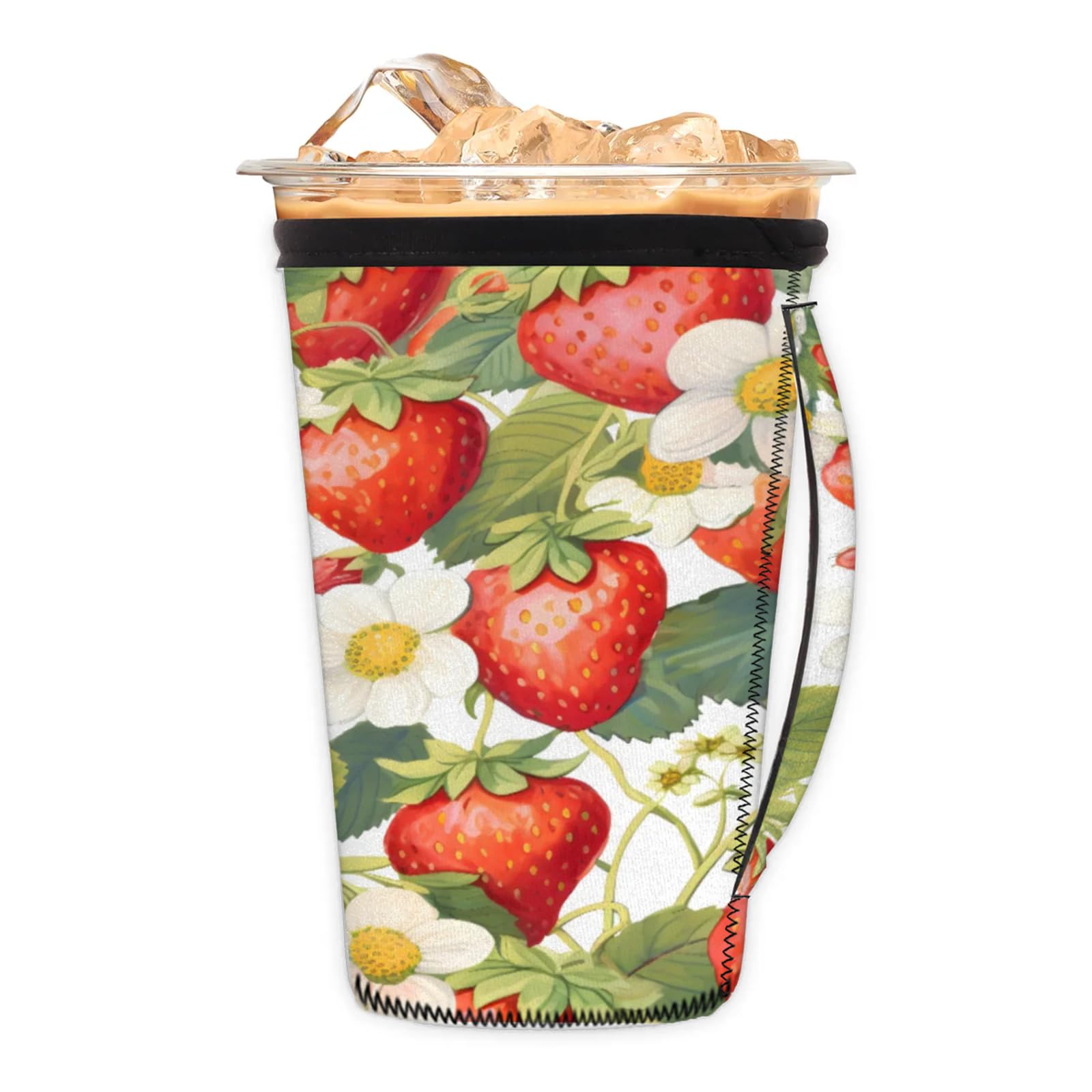 Watercolor Strawberry Flowers Reusable Neoprene Coffee Sleeve with Handle Insulated Iced Coffee Cup Holder Reduces Condensation Fits 24-28 oz Cups M
