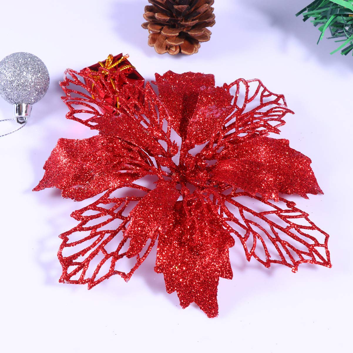 TOYANDONA Decoración Navideña 12 Pcs Glitter Poinsettia Flowers Hollow Artificial Flowers Christmas Ornaments Xmas Tree Hanging Pendant () Liquidación De Adornos Navideños