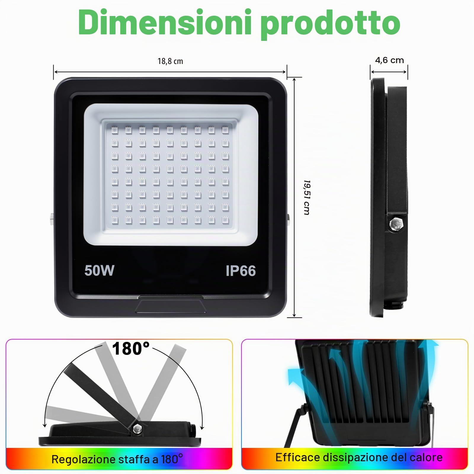 2 Pezzi Faretto LED RGB 50W, Faro Led Rgb Esterno con 360° Telecomando e APP Bluetooth IP66 Impermeabile Proiettori RGB 16 Milioni di Colori Dimmerabile Faretti rgb per Esterni Festa Halloween