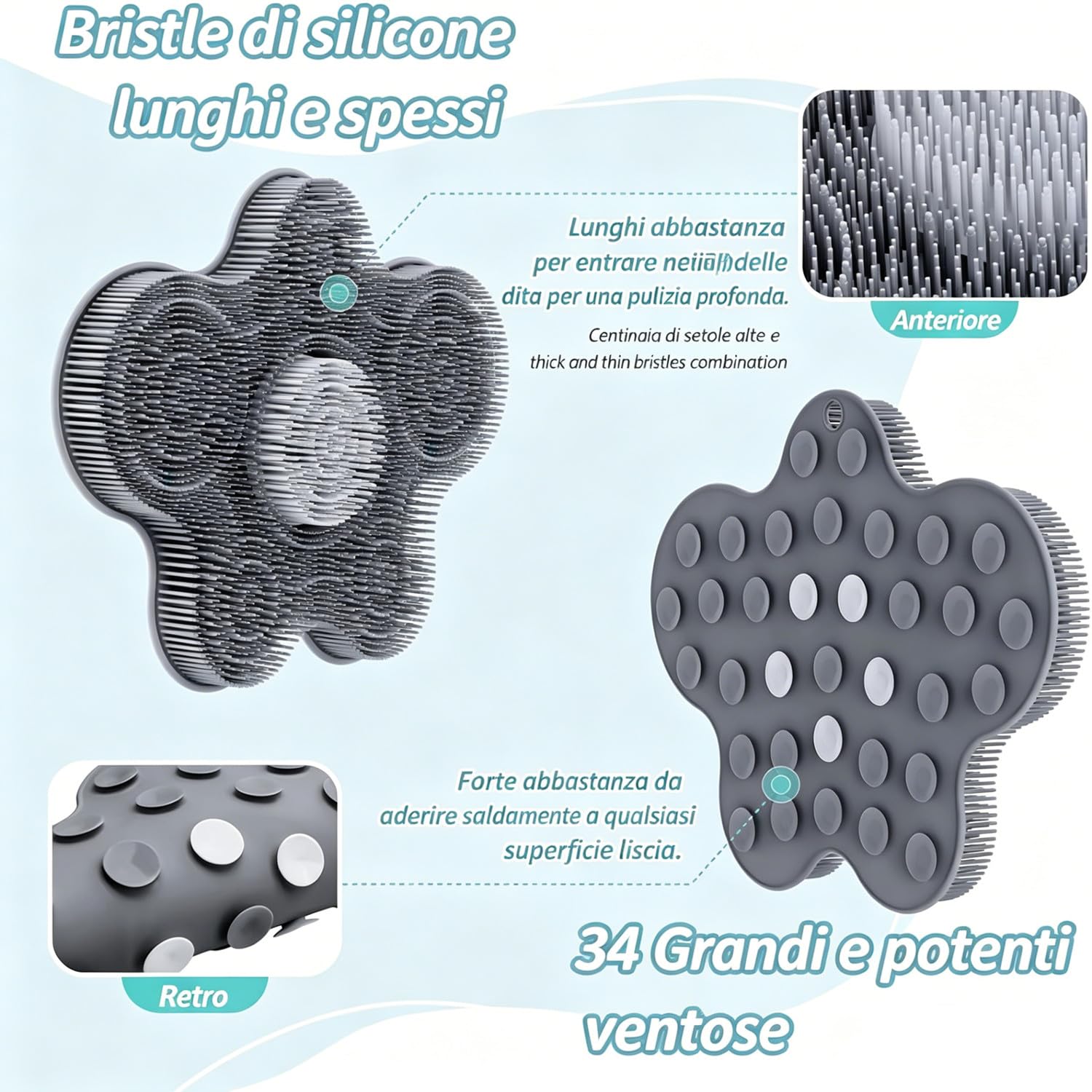 lavapiedi per Doccia, 14.2 * 11.2in Tappetino in Silicone per Doccia lavapiedi, Antiscivolo con Ventose per Lavapiedi, Spazzola per Piedi per Cura e Pulizia Profonda (Grigio)