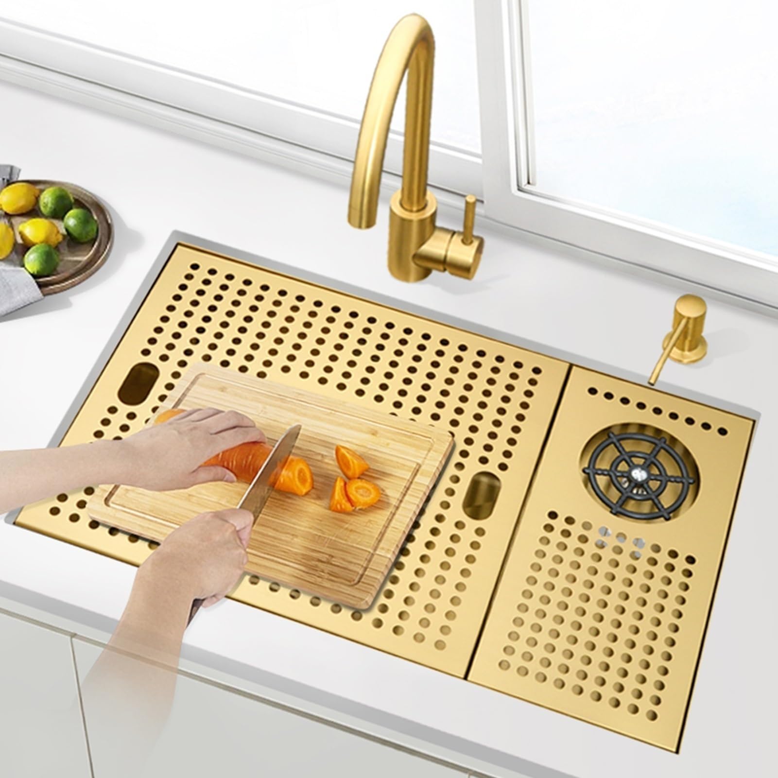 WIQUYBML Kitchen Sinks Golden 304 Stainless Steel Washbasin Square Hidden Bar (Color : Gold A, Size 56 * 38CM)