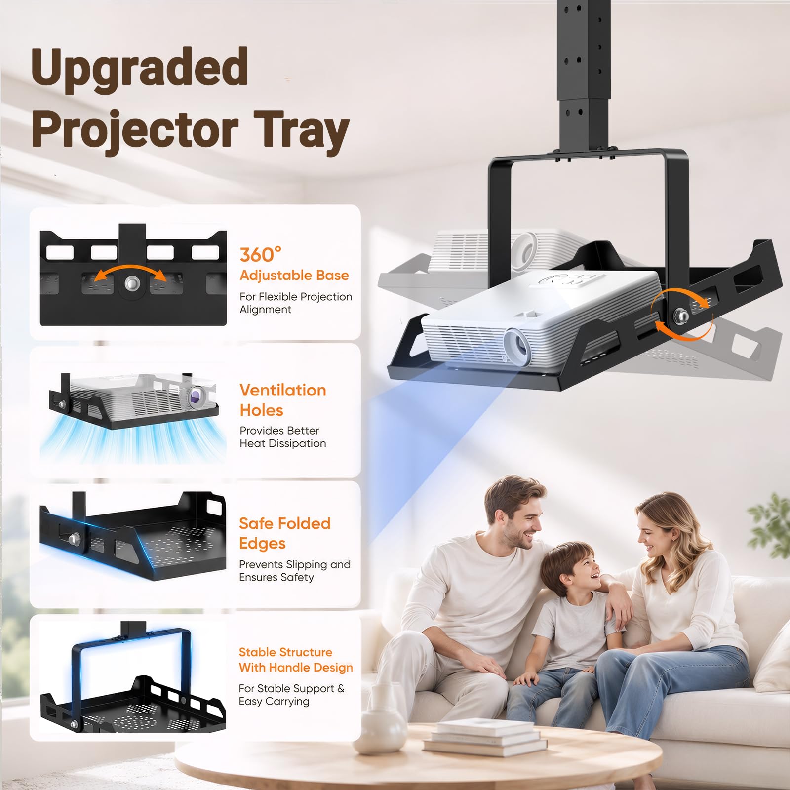 Support de projecteur pour plafond et mur, réglable (49-73 cm) avec plateau inclinable à 360°, charge maximale de 10 kg, guide de câble intégré pour home cinéma, bureau et salle de classe