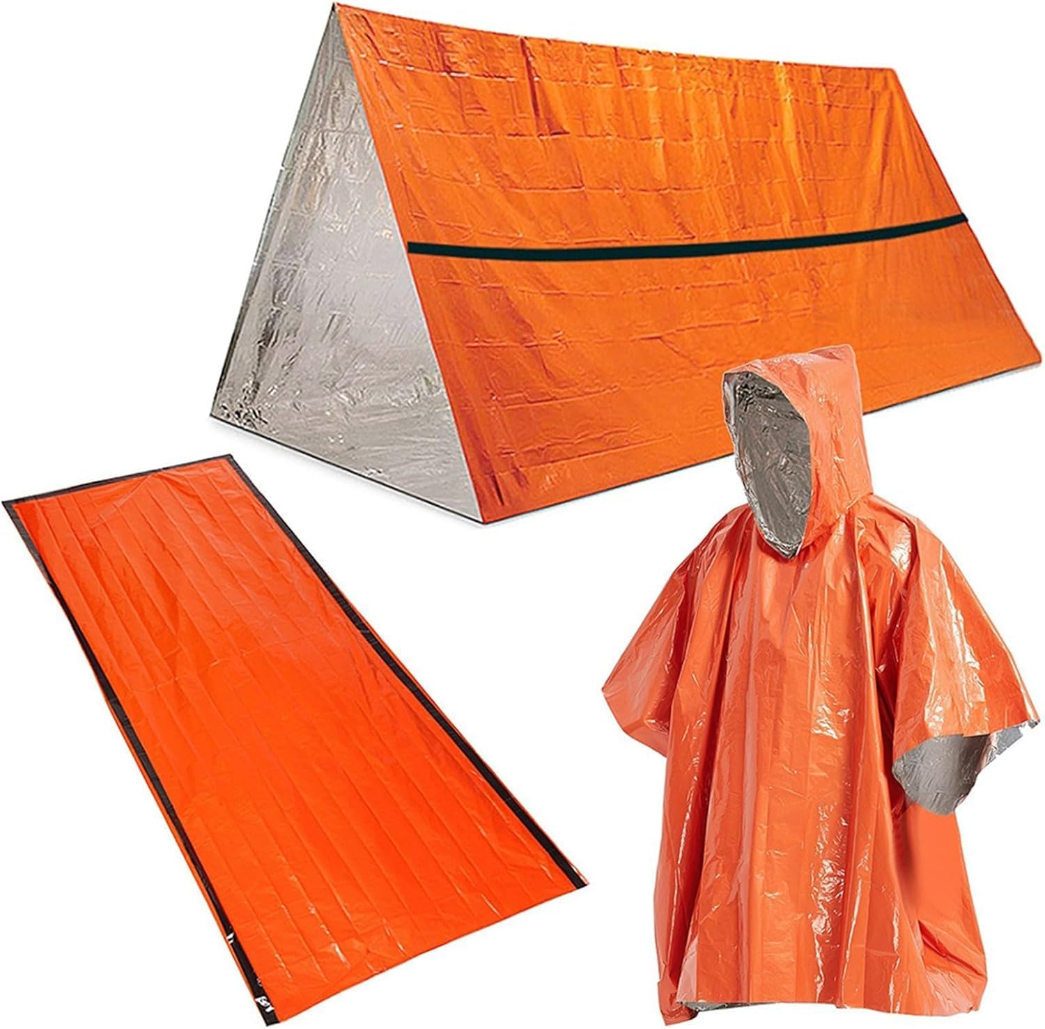 Daaxing 3-In-1 Outdoor Emergency-Survival Kits Thermal Rain Coat Sleeping Bag Tent Set,Foldable Rain Coat Sleeping Bag Tent Set for Outdoor Camping (Orange)