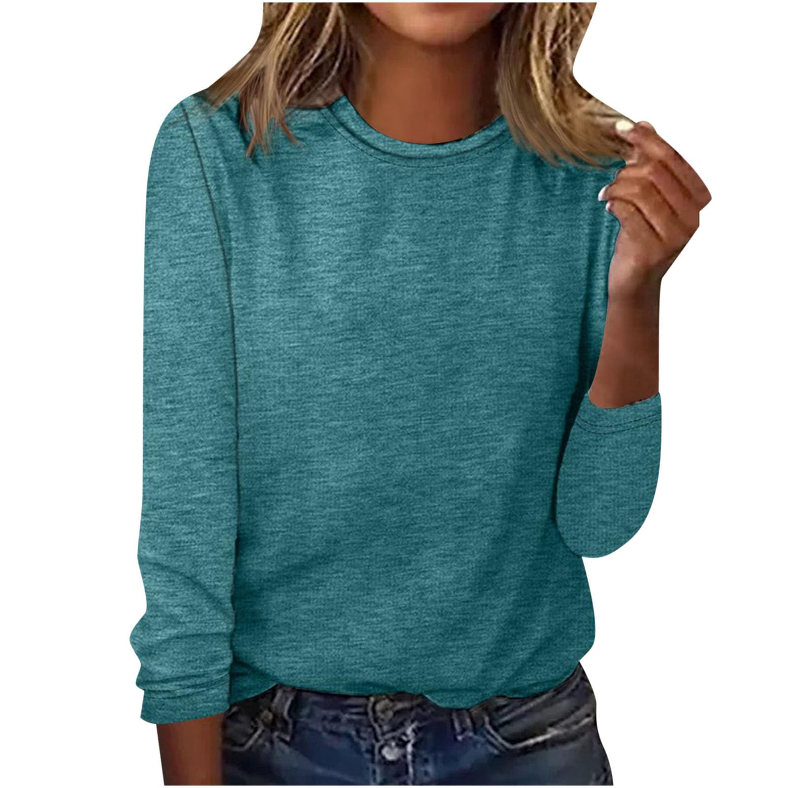 Women's Trendy Solid Color Tops Shirts Round Neck Full Long Sleeve Tunic Loose Fit Athletic Pullover Tops for Autumn