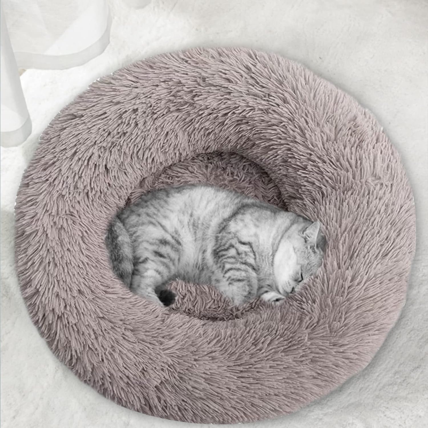 Awolf Cat Beds for Indoor Cats, 24 Inch Fluffy Calming Washable Cat Bed for Small Medium Large Cat & Dog, Self Warming Donut Faux Fur Cat Bed with Slip-Resistant Bottom