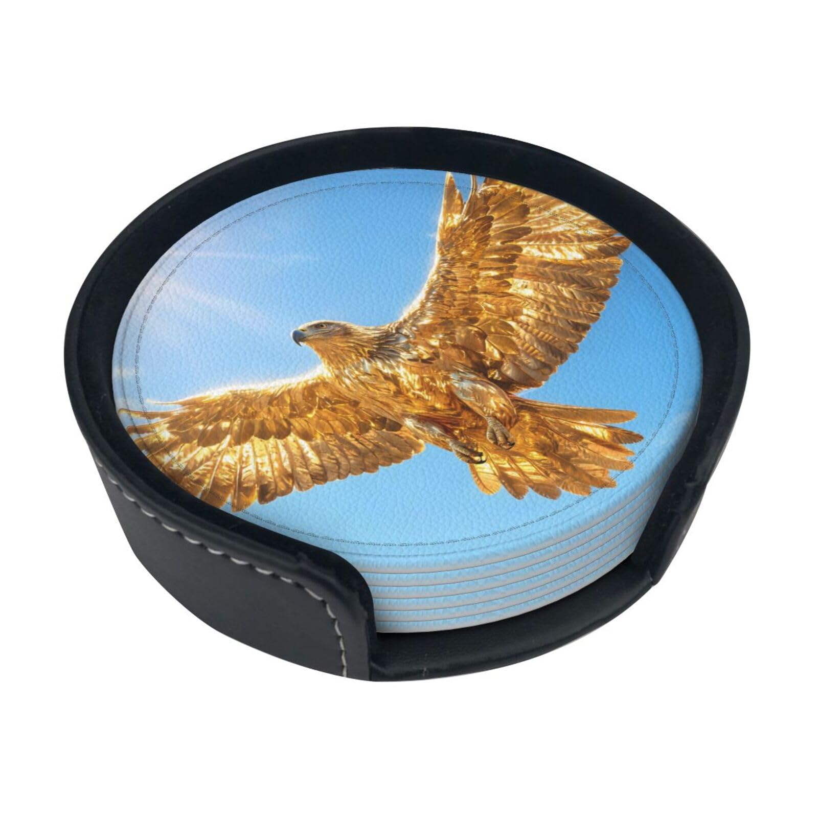 Golden Eagle Soar Leather Coasters-Set of 6 with Storage Holder