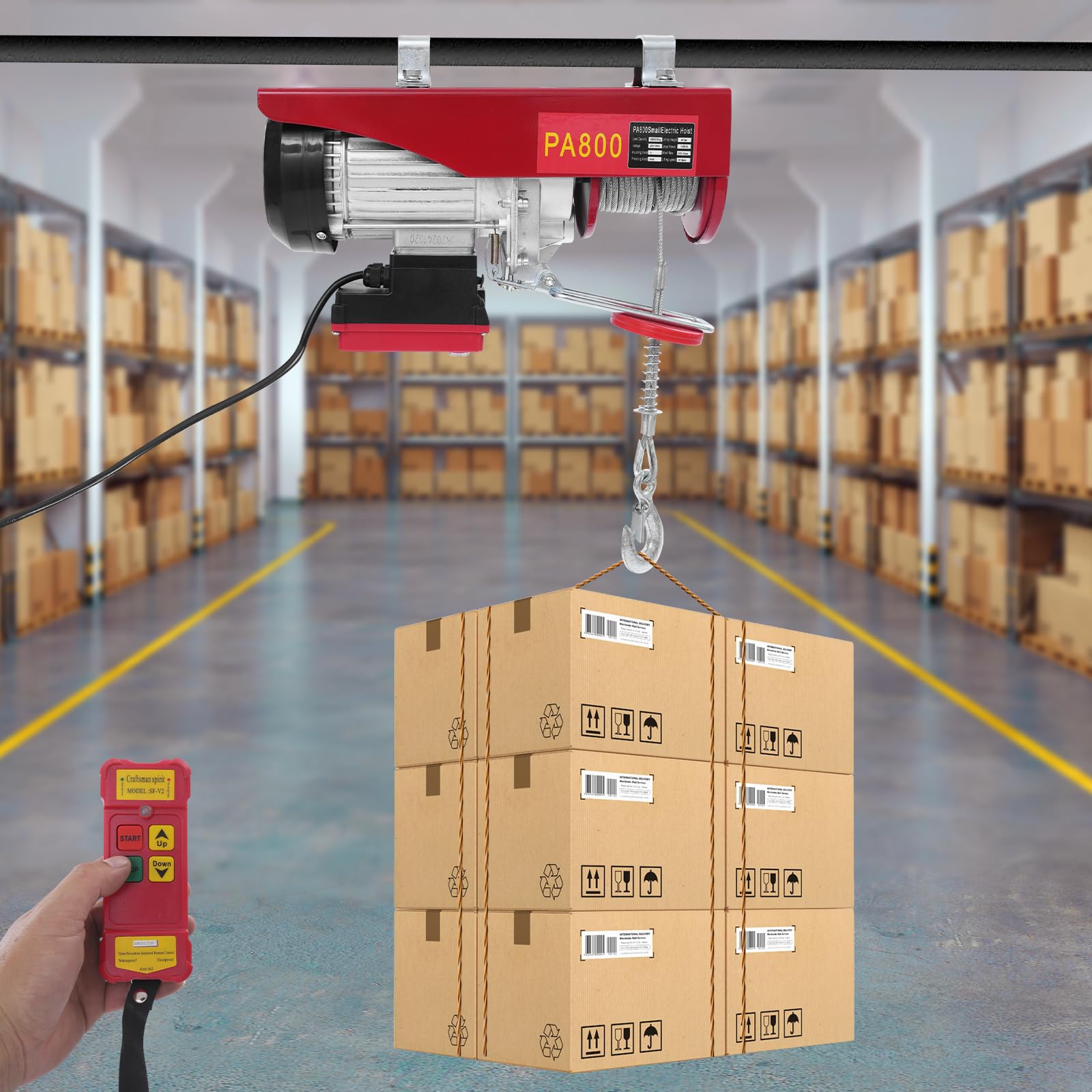 Elektrische Seilwinde aus Metall mit 1450W Motor, Kabellosen Fernbedienung Elektrische Flaschenzug Seilzug Motorwinde 400kg bis 800kg, Elektrischer Hebezug Seilhebezug Kettenzug mit 2 Schlingen