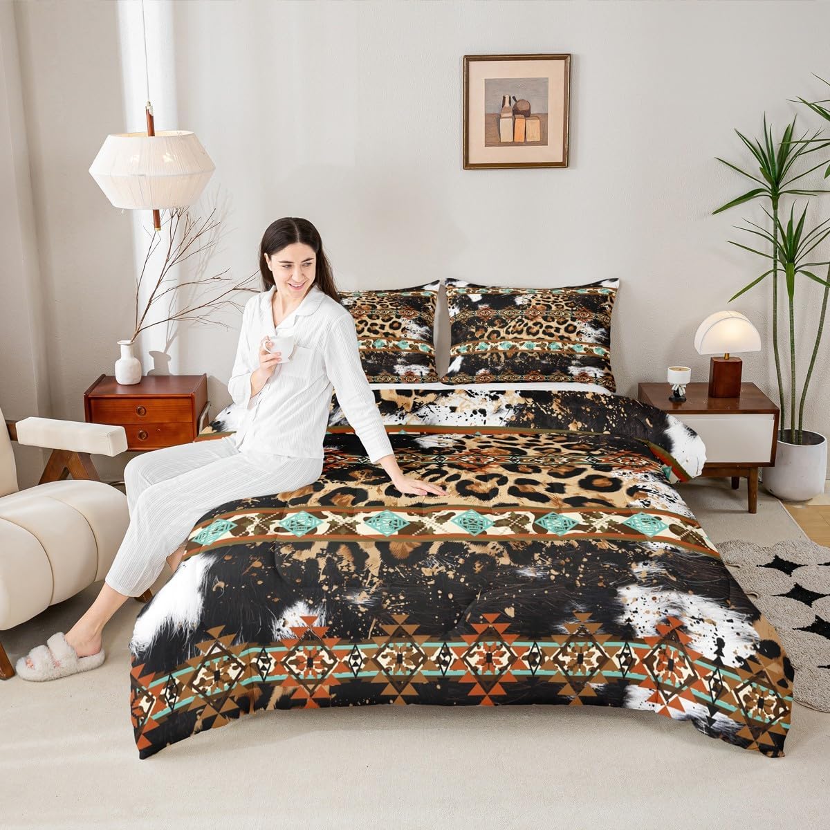 Erosebridal Cowhide Quilt Brown Leopard Print Queen Comforter Set,Western Bedding Set Exotic Aztec Cow Print Down Comforter,Farmhouse Wild Animal Skin Room Decor Cowboys Gifts for Men