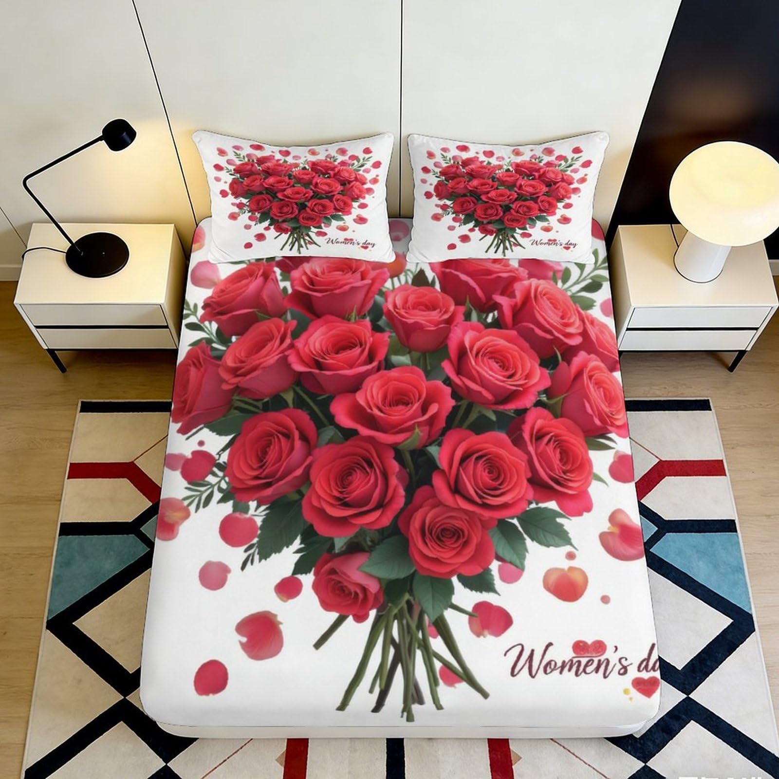 3D Printed Red Rose Bouquet Fitted Sheet Microfiber Soft Bedroom Decor Heart Petals Mattress Cover for Home Dorm 90x200x25cm