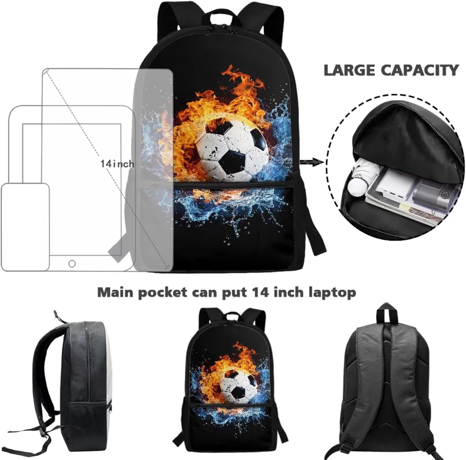 Water Fire Soccer School Backpack for Boys Girls Lunch Bag Pencil Case Water Bottle Holder 4pcs Back to School Supplies