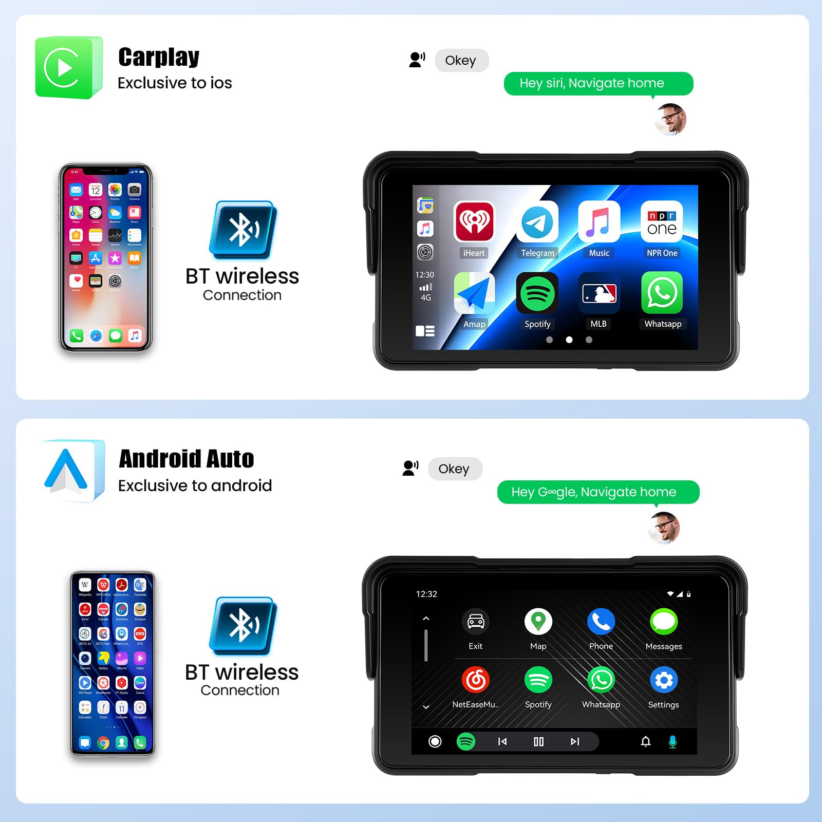 GPS Carplay Moto Dashcam Portable für Carplay Wireless Android Auto, 5-Zoll-Touchscreen, GPS Dashcam Moto mit GPS-Navigation, Siri, G-oogle Assistant, Bluetooth, IP68 wasserdicht