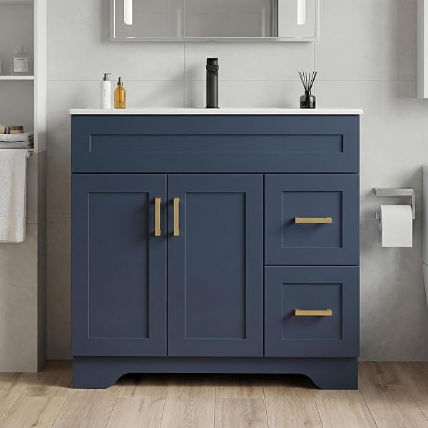 36 Inch Bathroom Vanity with Sink, Modern Wood Shaker Bathroom Vanity Cabinet with 2 Soft-Close Doors & 2 Drawers, Freestanding Bathroom Sink Storage Cabinet, Waterproof Painted Surface, Navy Blue