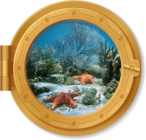 Miniatura 16 de Niwo ART - Adhesivo 3D de coral A, latón, ojo de buey submarino bajo el agua, adhesivo de pared autoadhesivo para despegar y pegar (12 pulgadas)