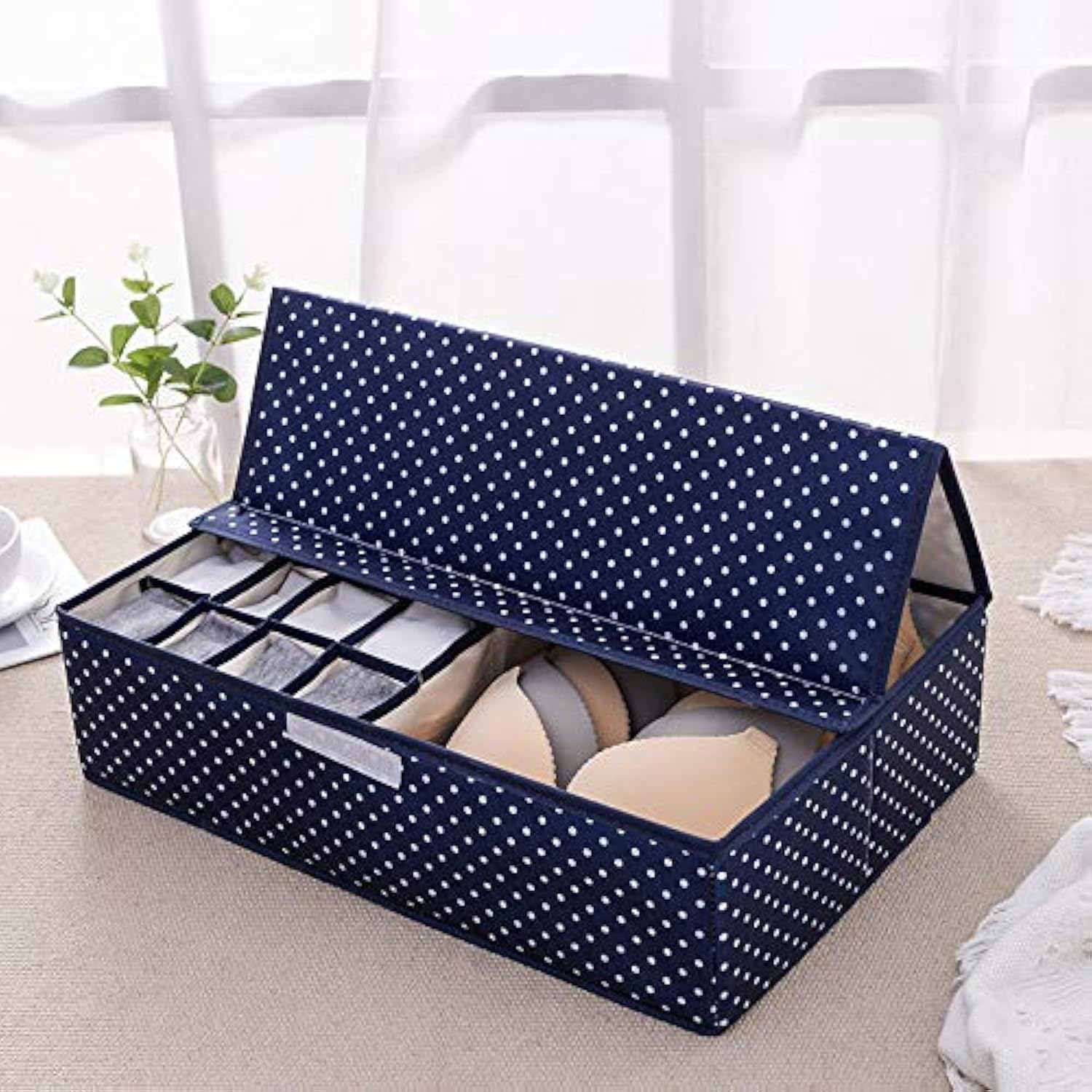 House of Quirk Innerwear Clothing Organizer 16+1 Compartment Non-Smell Non Woven Foldable Fabric Storage Box for Closet (44 x 28 x 12 cm Navy Blue Polka)