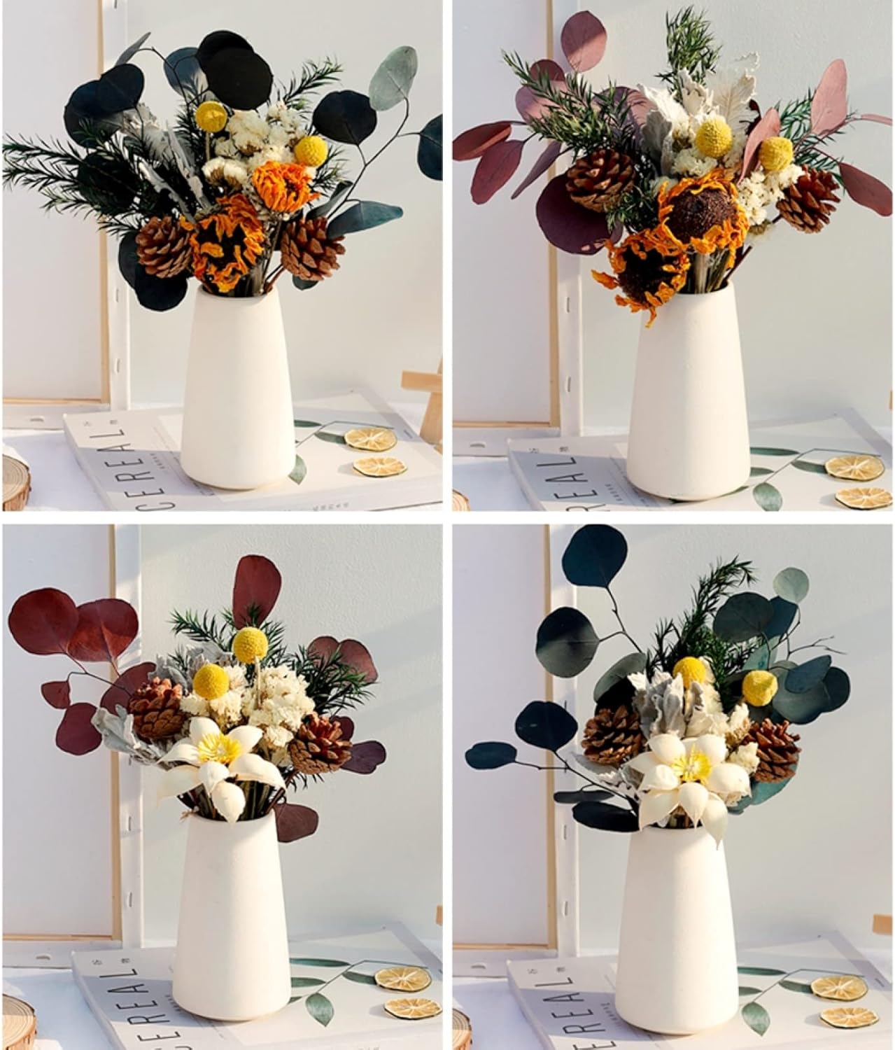 枯れない花 永遠の花 造花 インテリア ドライフラワー 陶器花瓶付き デージー 蓮 菊 ユーカリ 木棉 天然の花 リアル花 飾り 人工観葉植物 人工藤 本物そっくり 部屋が新鮮になる お供え 花 お盆 仏花 超人気 専門店