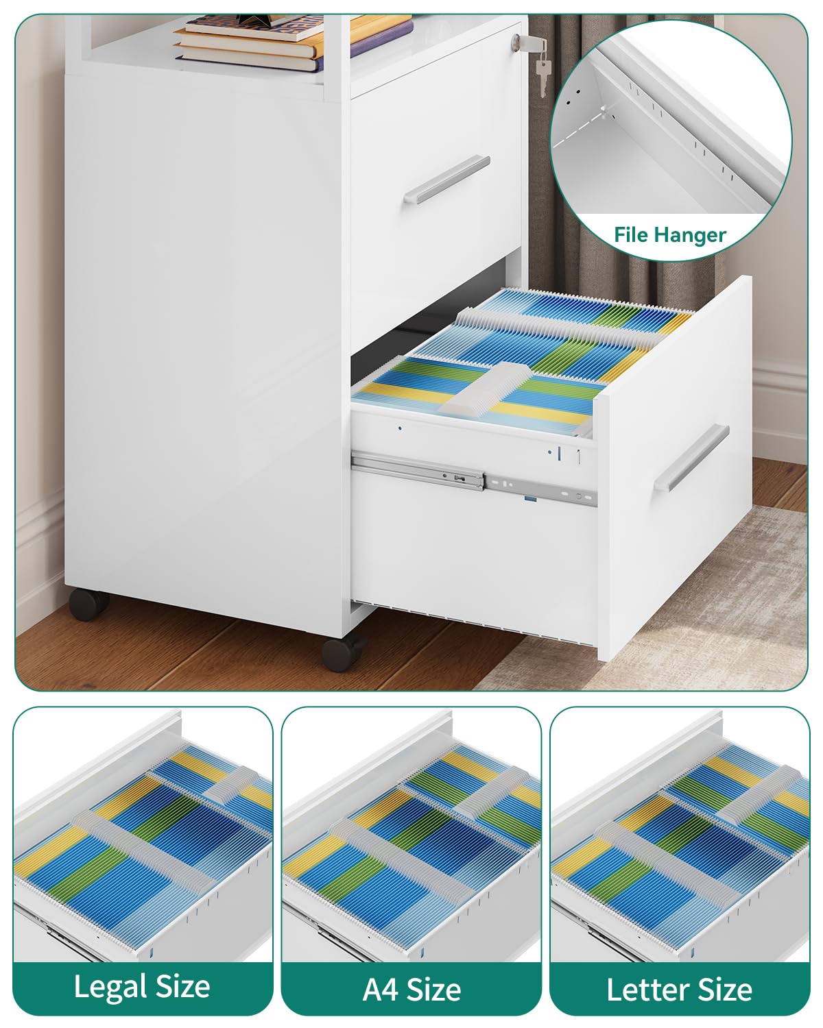 YITAHOME Druckertisch mit Rädern, 104CM Tall Aktenschrank mit Stahlböden, Mobiler Aktenschrank Druckerständer, Bürocontainer Rollschrank, Schubladenkommode für Zuhause Büro, 104x60x40 cm, Weiß