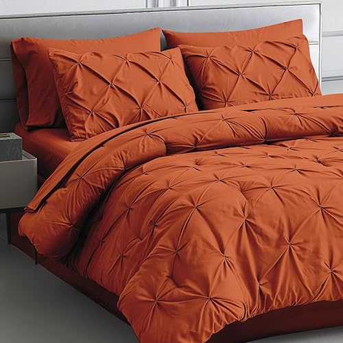 Maple&Stone Juego de edredón Queen de 7 piezas de cama plisada en una bolsa, color naranja quemado con edredón, sábanas, fundas de almohada y Maple&Stone Juego de edredón Queen de 7 piezas de cama plisada en una bolsa, color naranja quemado con edredón, sábanas, fundas de almohada y
