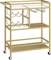 MAHANCRIS Gold 3-Tier Rolling Bar Cart with Wine Rack, Glass Holders & Wheels - Kitchen Serving Cart RCJ61B01