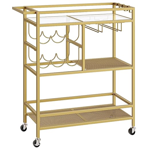 Bar Cart for Home, 3-Tier Serving Cart with Wheels and Handle, Beverage Cart with Wine Rack and Glass Holders, Rolling Wine Cart for Kitchen, Dining Room, Gold RCJ61B01