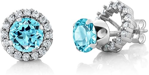 Miniatura 7 de Gem Stone King Pendientes de Plata de 6mm con Piedra de Nacimiento Redonda Desmontable con Brazalete de Halo para Mujer Plata de Ley 925 Joyería