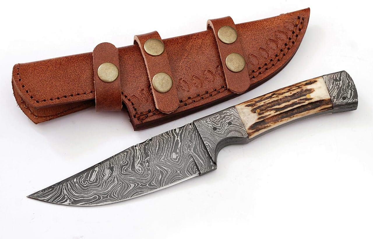 Grace knives Handmade Damascus Hunting Knife 9.5 Inches -Stylish Handle Made with Stag and Damascus Bolsters G-1055 (with Sheath)
