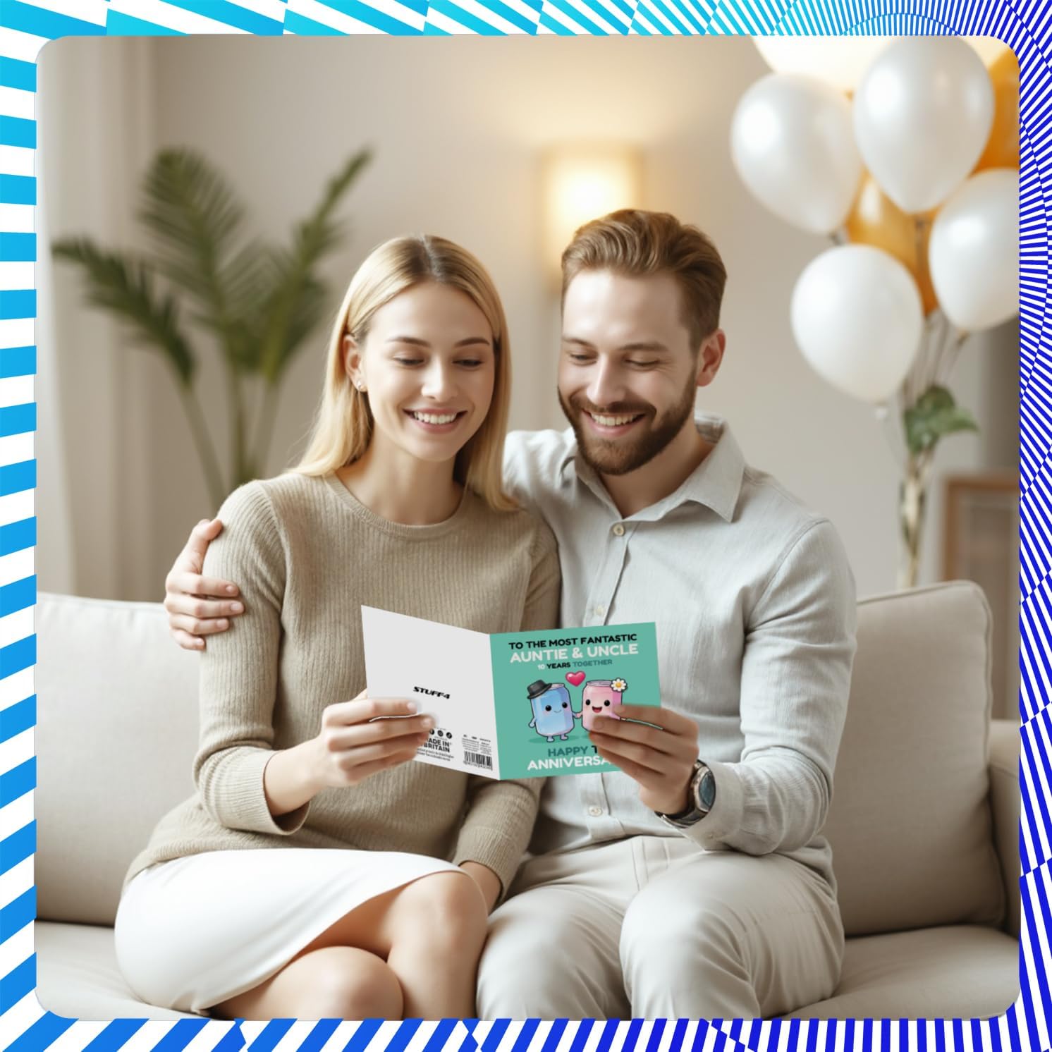 Stuff4 Playful 10th Anniversary Card for Auntie & Uncle - Celebrate Ten Years with a Smile - Two Adorable Cartoon Tin Cans Holding Hands - 5.7 Inch Square, Envelope Included