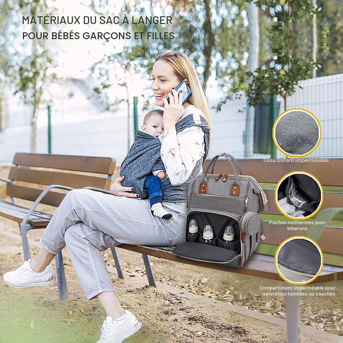 Sac à Dos à Langer pour Bébé, Sac à Dos Pour lit bébé, Sac à langer de voyage portable avec lit pliable Grande Capacité Sac à Couches Multifonction Imperméable-(Gris)