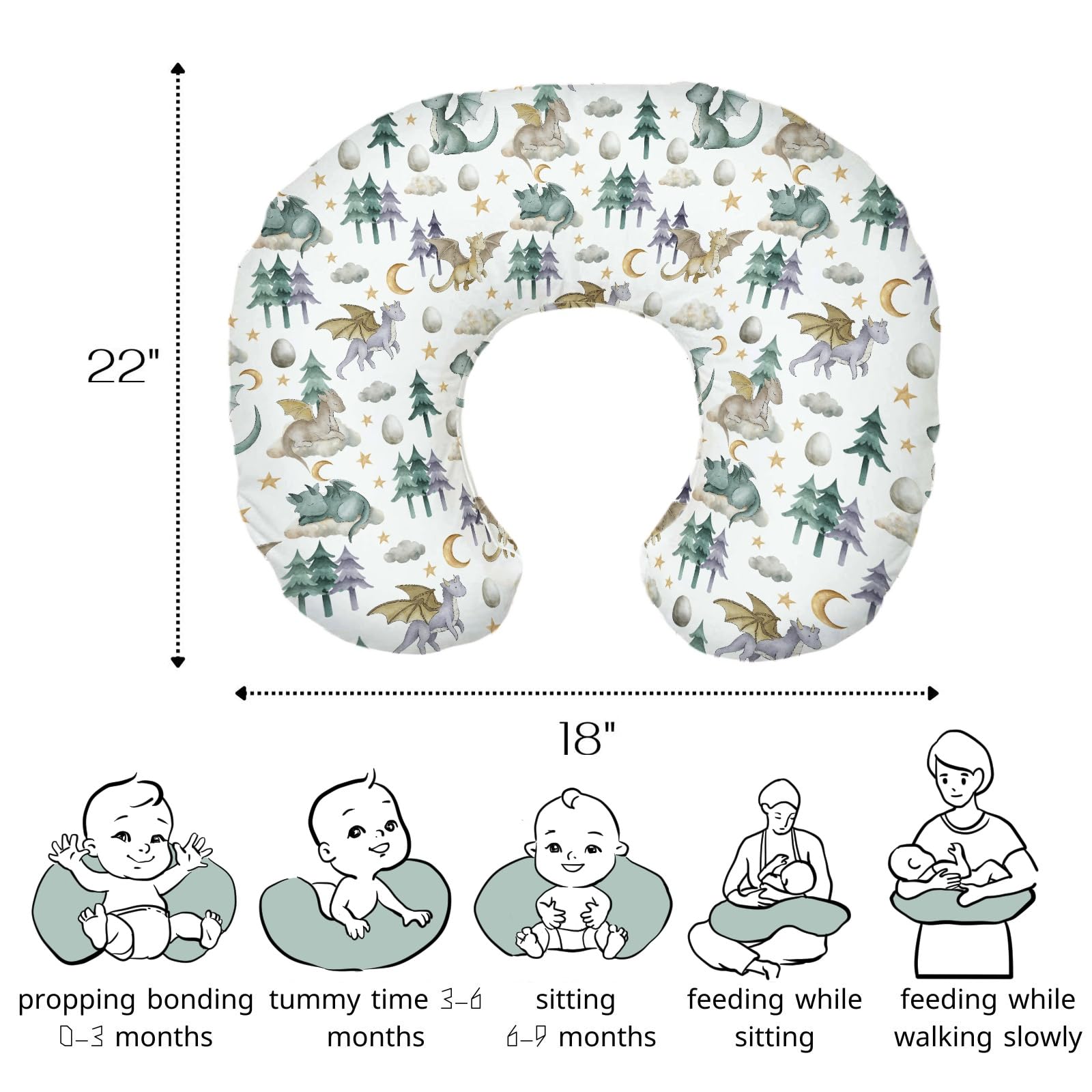 HawSkgFub Funda de almohada de lactancia con diseño de cuento de hadas de dragón para bebés, nube, luna, estrella, dragones, huevo, funda de almohada de lactancia para recién nacidos, solo funda