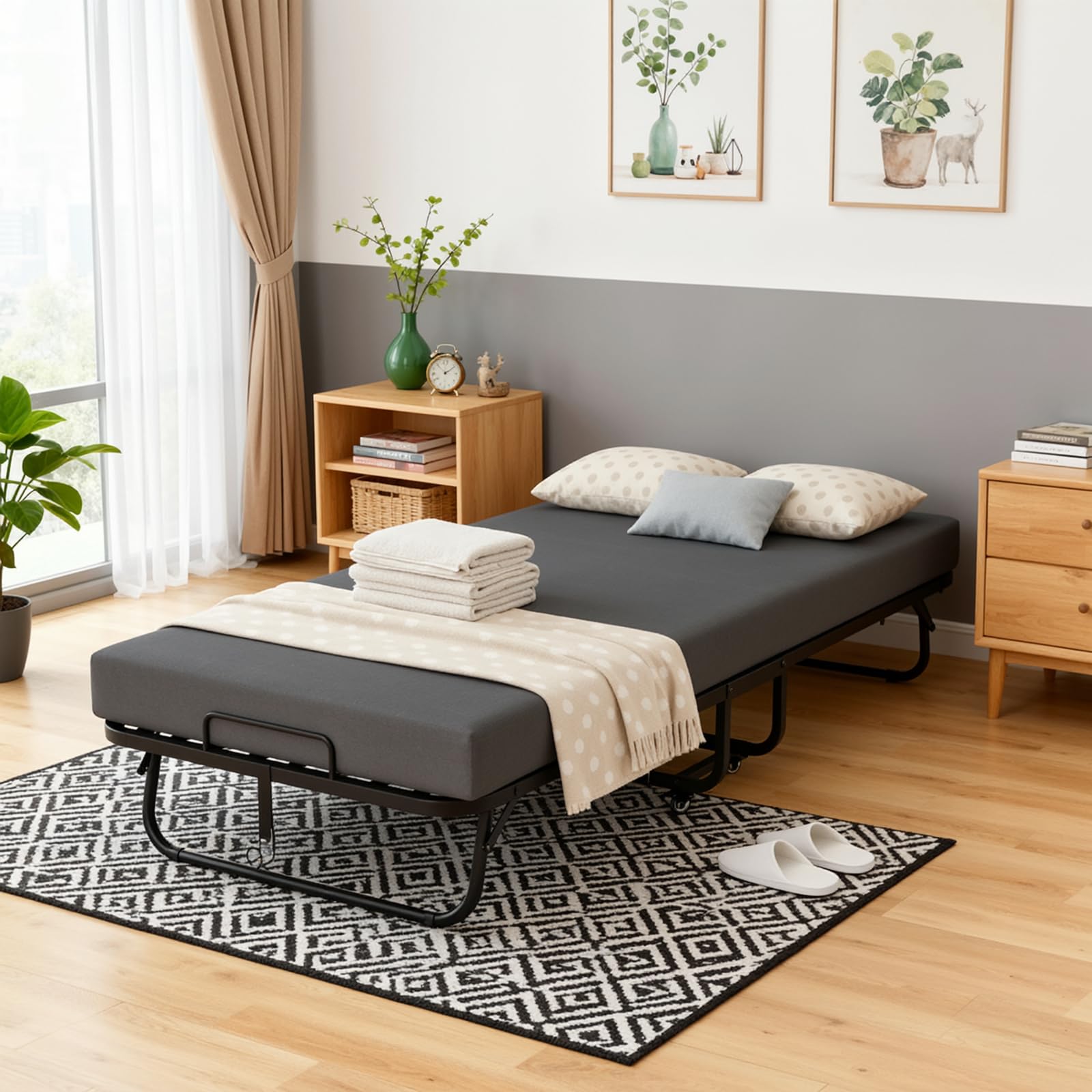 VOWNER Klappbett 200x90cm, Klappbares Gästebett für Erwachsene mit 13 cm Schaumstoff Memory-Matratze, Schutzhülle, Stabiler Metallrahmen und Rollen, Reisebett bis 200 kg belastbar