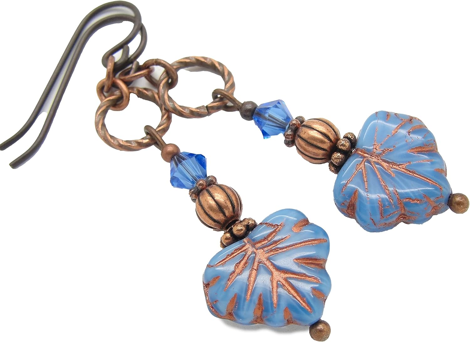 Denim Blue Leaf Earrings in Antiqued Copper