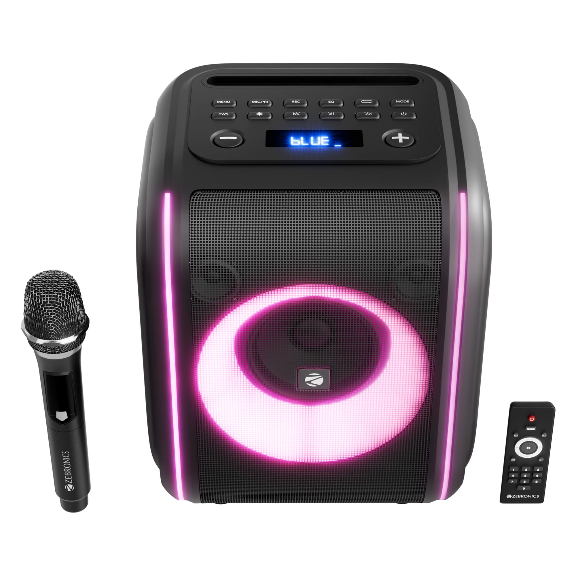 Zebronics Bluetooth Speaker, 60W Output, 8h Playback, 8-inch Driver, RGB Lights, BT v5.4, USB, mSD, AUX, Type-C Charging, Karaoke, Wireless Mic, TWS, Mobile Holder, Remote Control (Sound Feast 880)-image-47