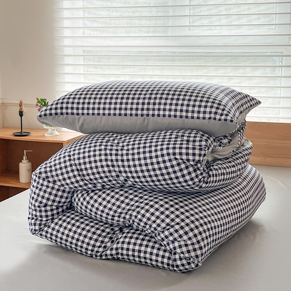 NSNLGSGC Navy Gingham Duvet Cover Set Queen, Dark Blue Grid Simple Geometric Square Pattern Comforter Cover,Soft Plaid Washed Microfiber Bedding Cover(3PCS,Queen) - Image 5