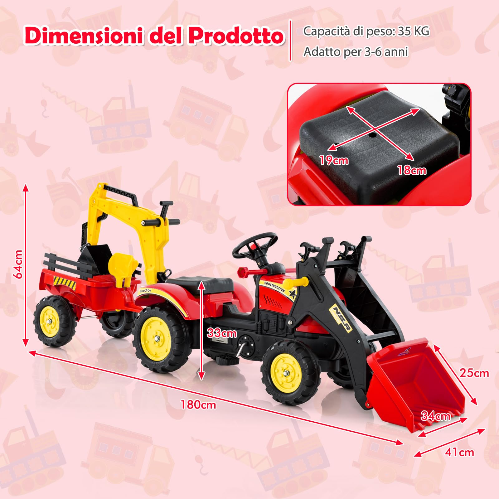COSTWAY 3 in 1 Escavatore per Bambini, Trattore con Rimorchio Staccabile Cavalcabile, 6 Ruote, 2 Benne, Rosso