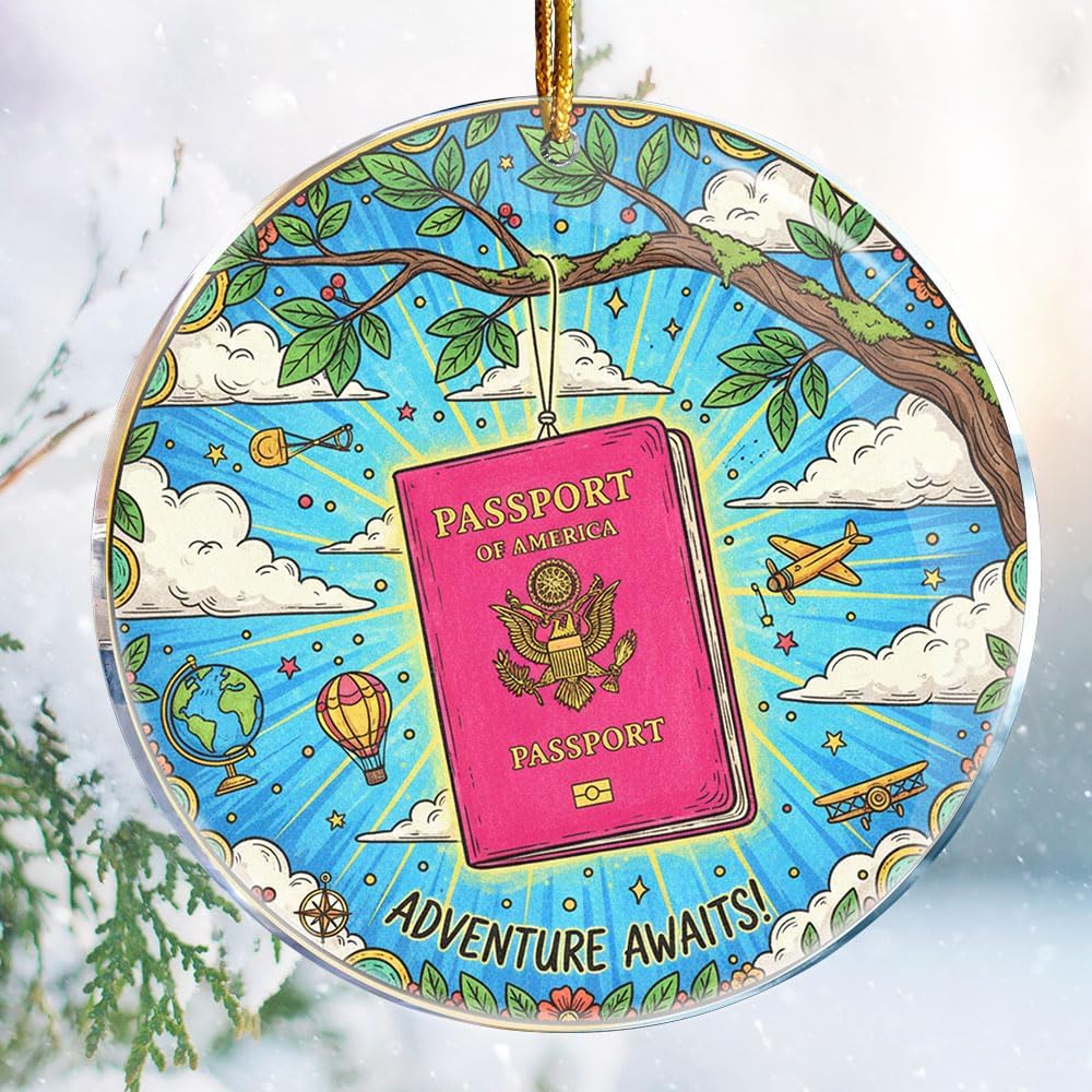 Pink Passport 6 Travel Europe Asia - Christmas Ornaments - Christmas Decorations - 3.6 in Acrylic - Funny Ornaments for Christmas Tree - Silly Gifts Ideas for Men Women Traveler