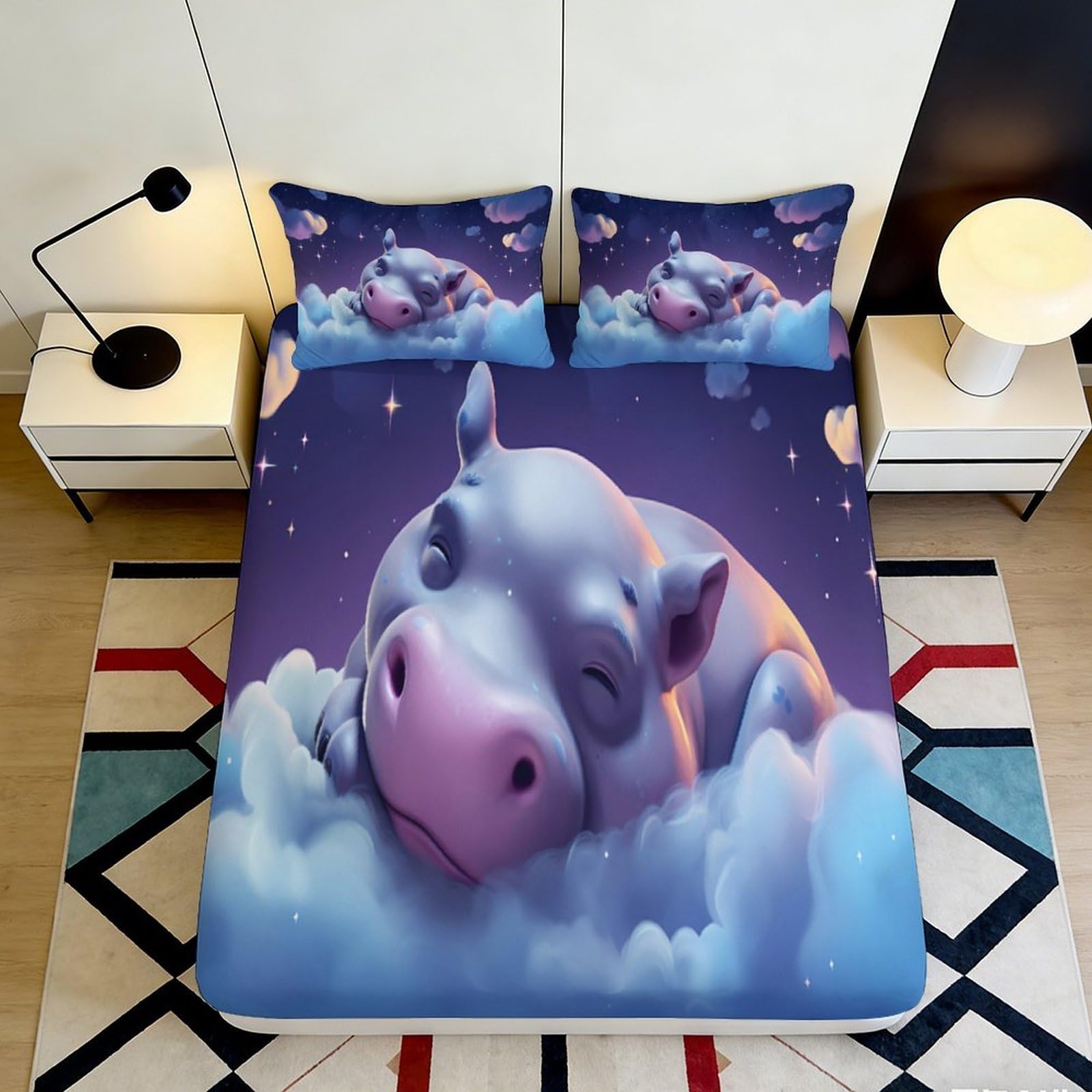 3D Printed Dreamy Cloud Hippo Fitted Sheet Microfiber Soft Breathable Moon Bed Cover for Bedroom Dorm Decor 90x200x25cm