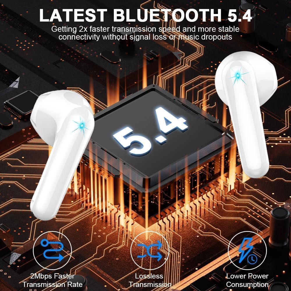 Wireless Earbuds, Bluetooth 5.4 Headphones 50H Playback Bass Stereo Ear Buds with 4 ENC Cancelling Mics, in-Ear Earphones with LED Display, IP7 Waterproof USB-C for Laptop Pad Phones Workout Rose Gold