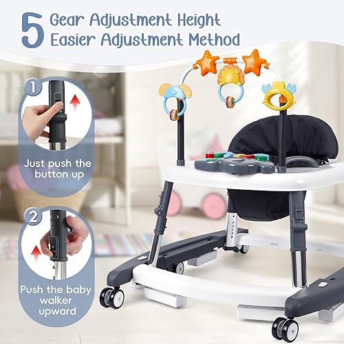 Miniatura 3 de Andador plegable 5 en 1 con música y luces con 5 alturas ajustables, andador para bebés con ruedas y gorila combo portátil, andador infantil para