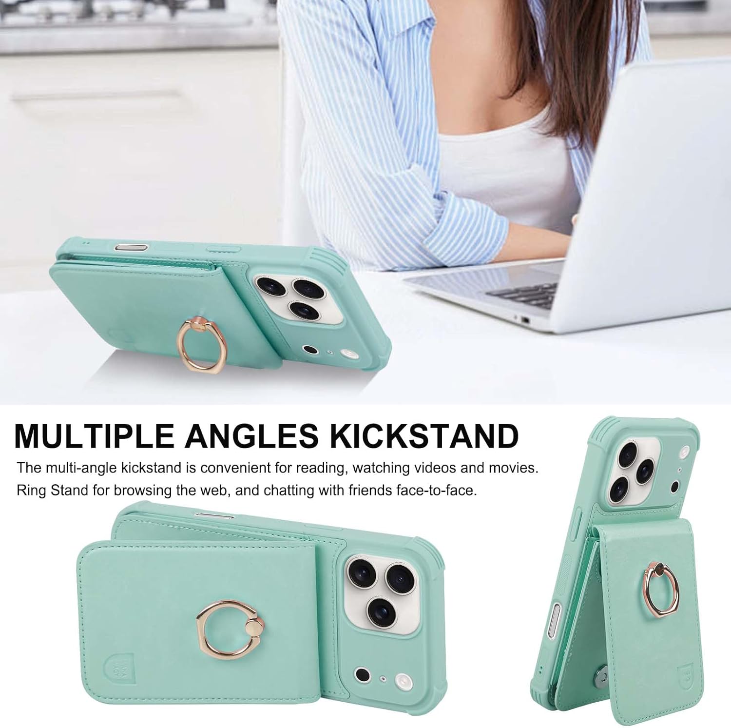 VANAVAGY Compatible for iPhone 17 Pro Wallet Case with RFID Blocking Card Holder, [Screen Protector] PU Leather Shockproof Case Magnetic Clasp Ring Kickstand Flip Phone Cover for Women Men,Light Mint - Image 7