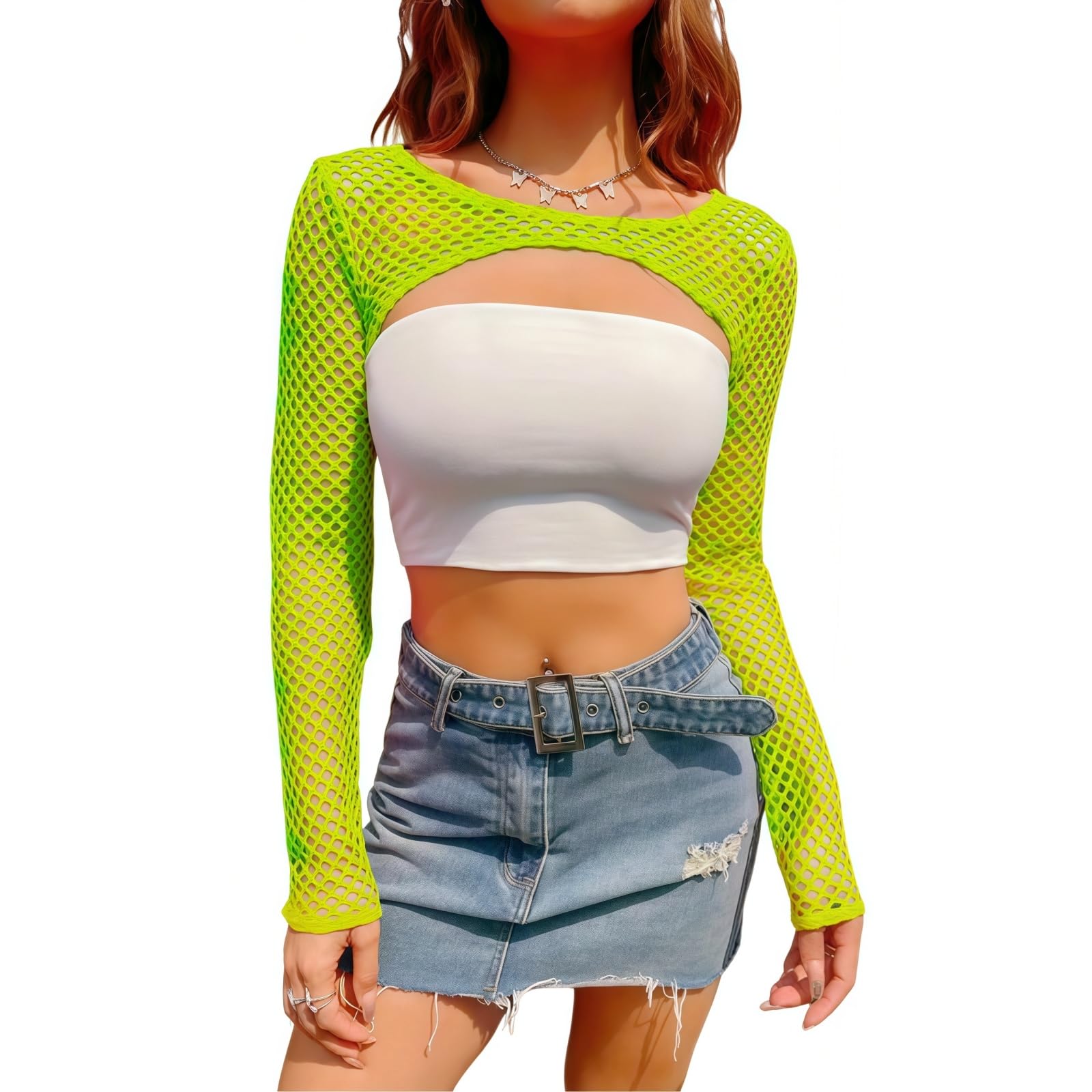 Mesh Fishnet Tops for Women Long Sleeve Shrug Fishnet Novelty Crop Tops Y2K Clubwear Ladies Disco Retro Outfit 1980s Costume