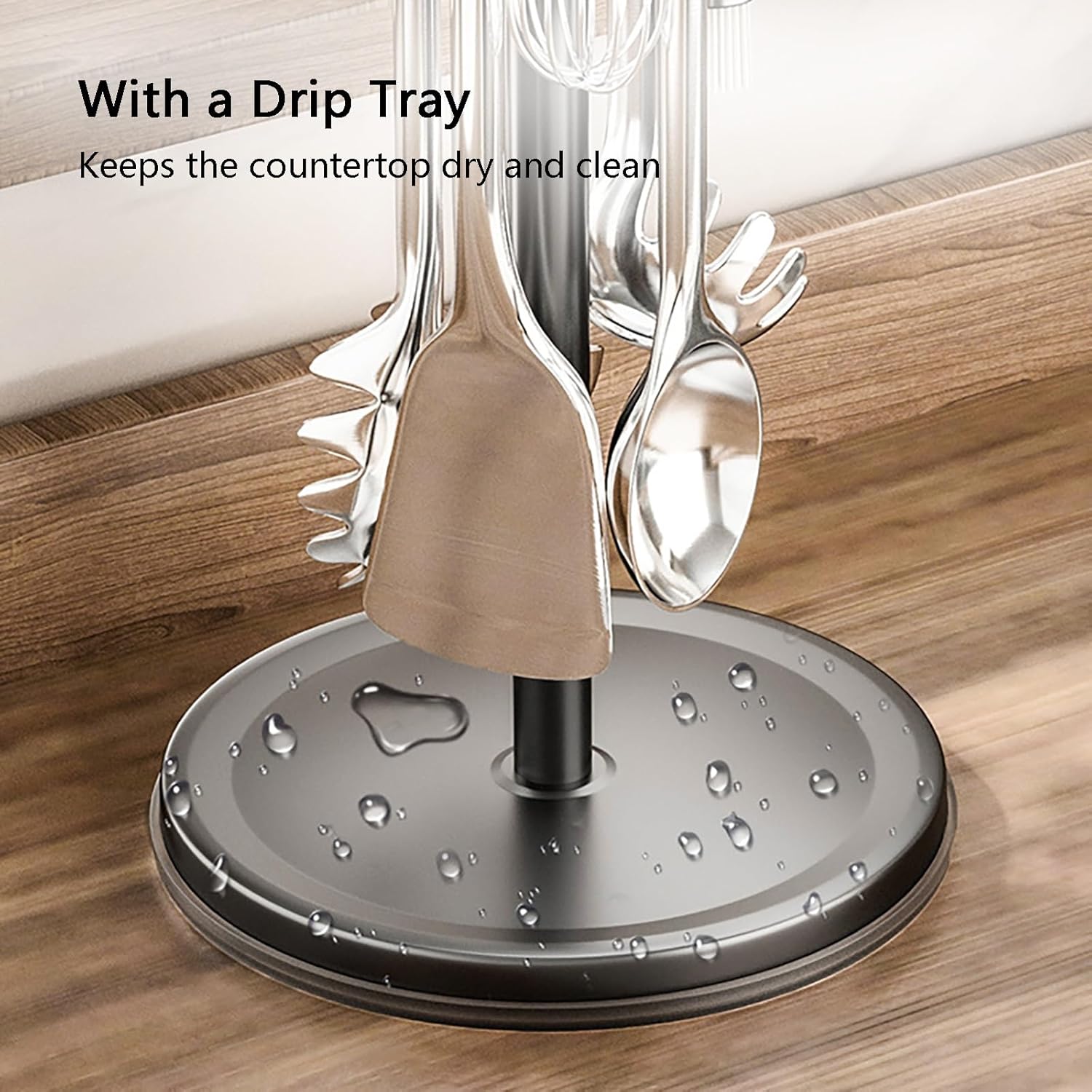 360 Rotating Kitchen Utensil Holder 2 Pack, Countertop Freestanding Rack with Drip Tray, Silent Rotation Organizer for Spatula Spoon Whisk, Space Saving Storage(Black)