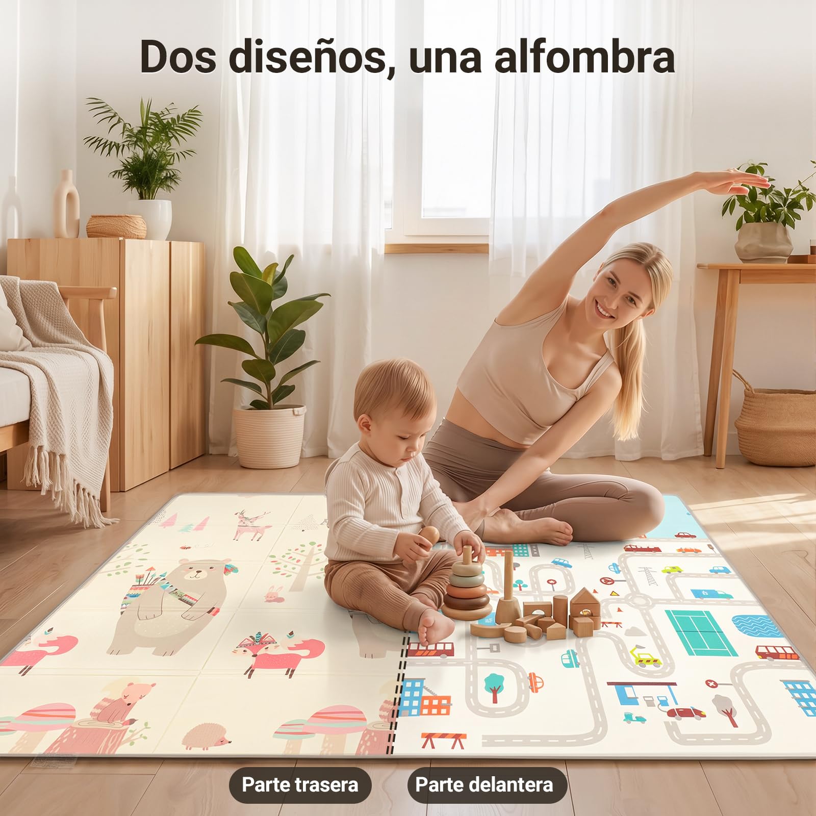 COSYLAND Alfombra Bebé Acolchada Plegable XPE Reversible, Tapete de Juegos Infantil Antideslizante e Impermeable para Suelo, Colchoneta Bebé, Oso Gordito y Ciudad de Coches, 120 x 180 x 1 cm